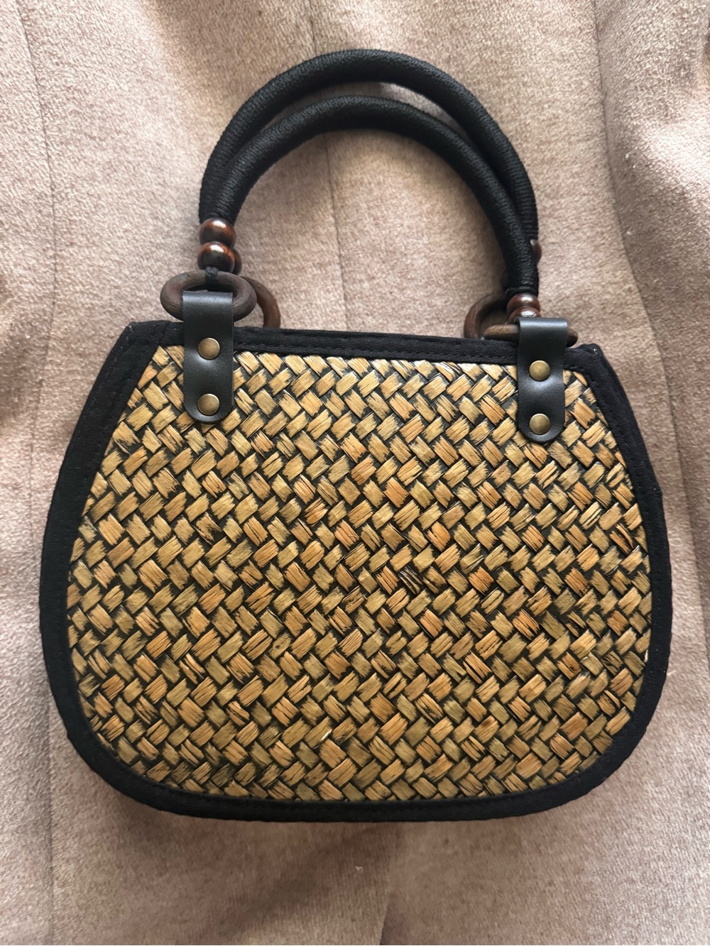 Woven Straw Shoulder Bag with Black Trim